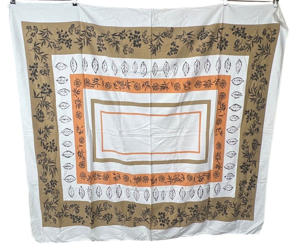 Vintage Cotton Tablecloth Mid Century Leaf Print Red Orange 56x52